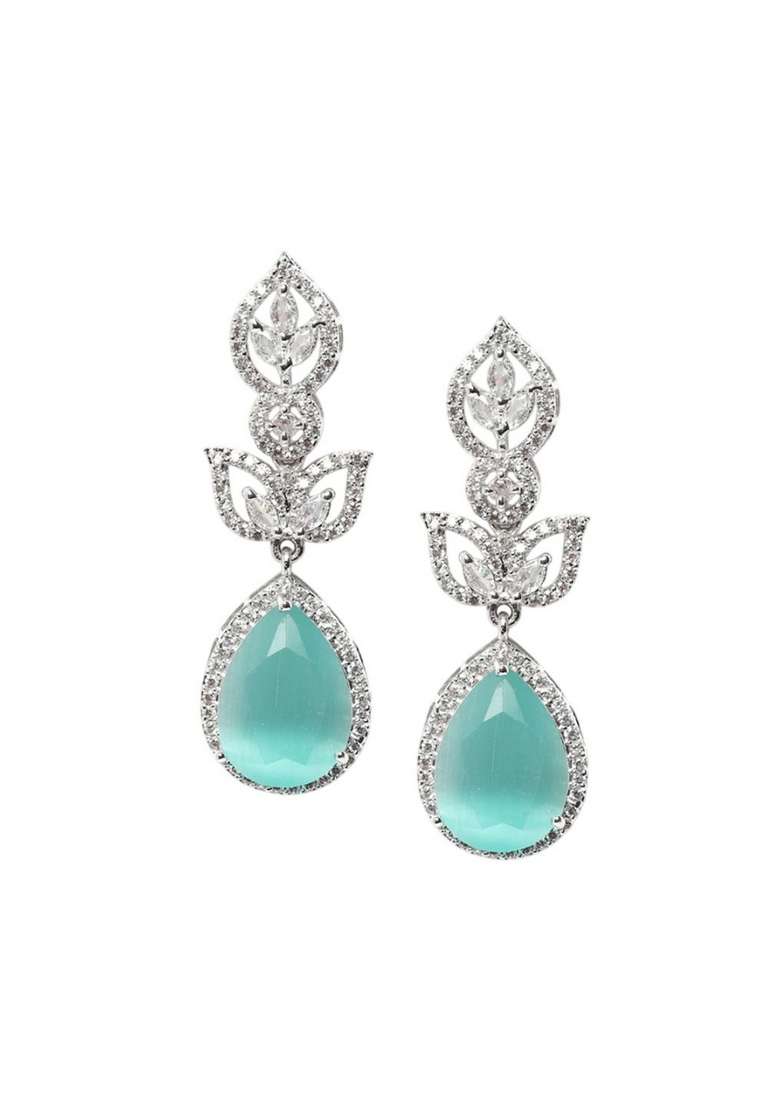 Silver Plated Teardrop Shaped Cubic Zirconia Studded Drop Earrings - Indya