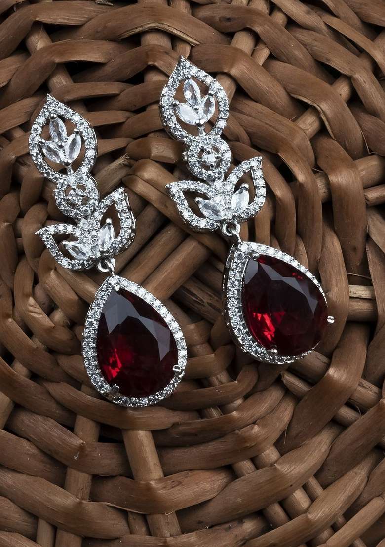 Sparkling Silver Plated Teardrop Shaped Cubic Zirconia Studded Drop Earrings - Indya