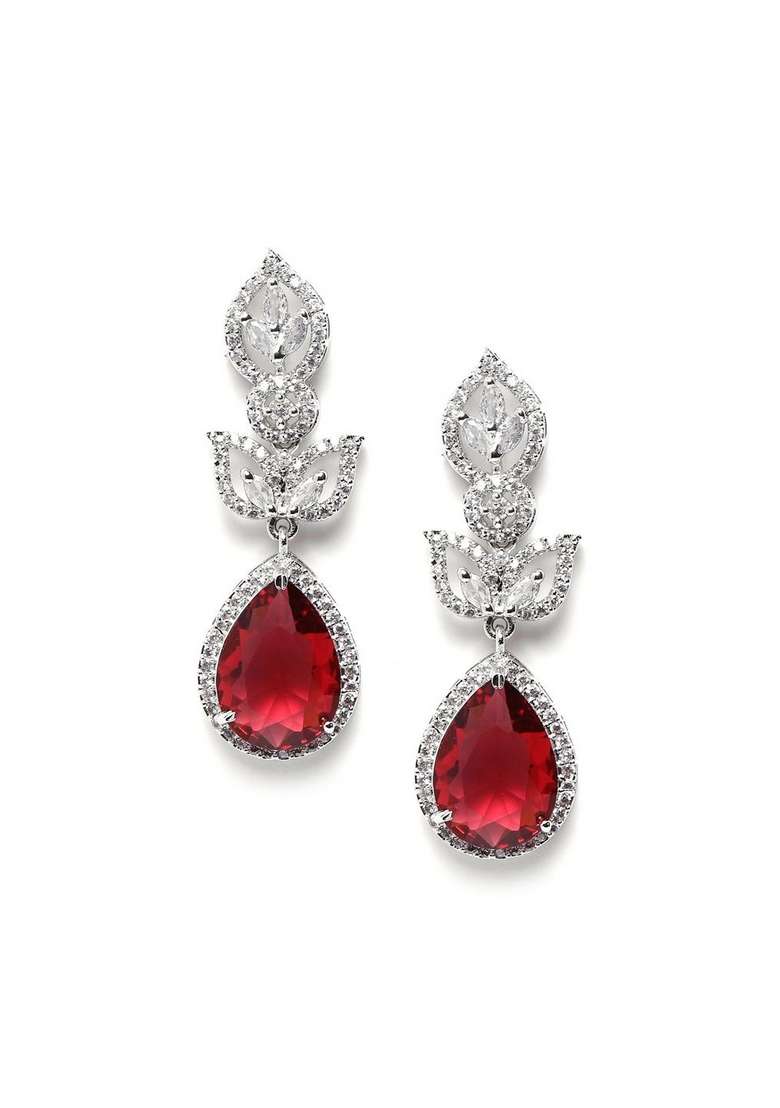 Sparkling Silver Plated Teardrop Shaped Cubic Zirconia Studded Drop Earrings - Indya