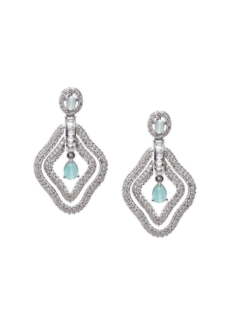 Elegant Silver Plated Diamond Shaped Cubic Zirconia Studded Drop Earrings - Indya