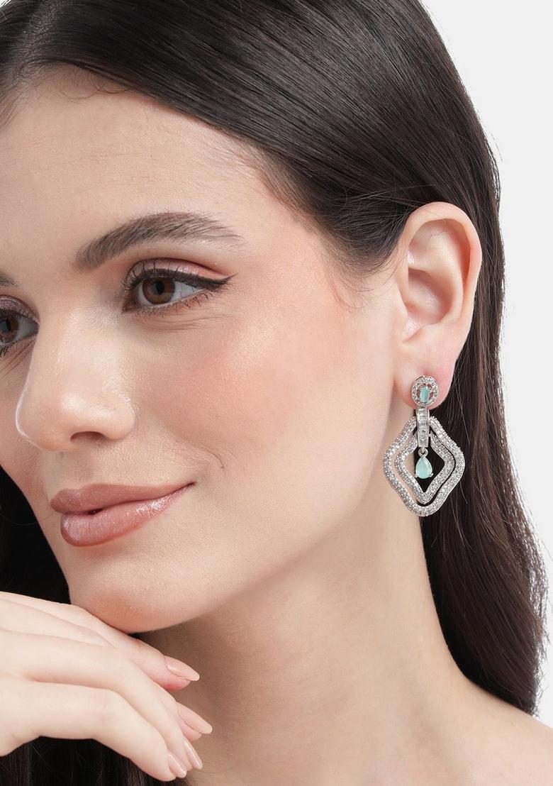 Elegant Silver Plated Diamond Shaped Cubic Zirconia Studded Drop Earrings - Indya