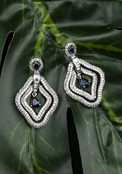 Elegant Silver Plated Diamond Shaped Cubic Zirconia Studded Drop Earrings