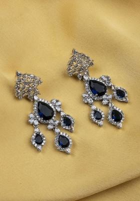 Silver Plated American Diamond Stone Studded Contemporary Shaped Drop Earrings