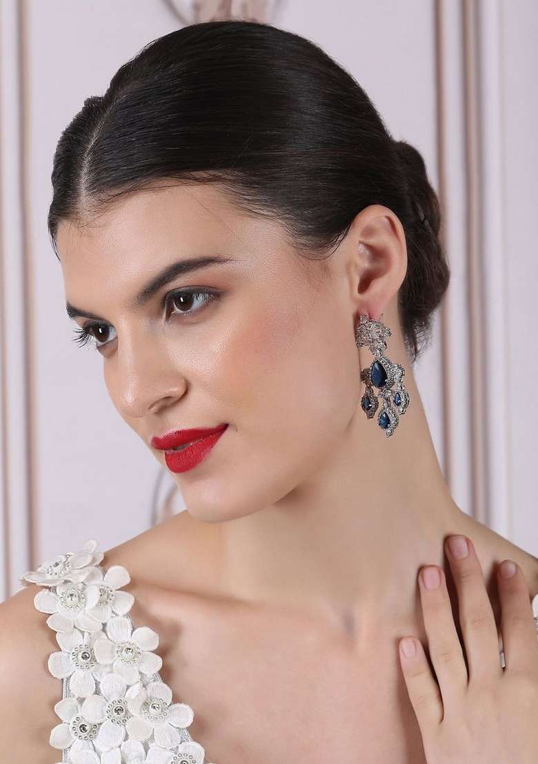 Silver Plated American Diamond Stone Studded Contemporary Shaped Drop Earrings - Indya