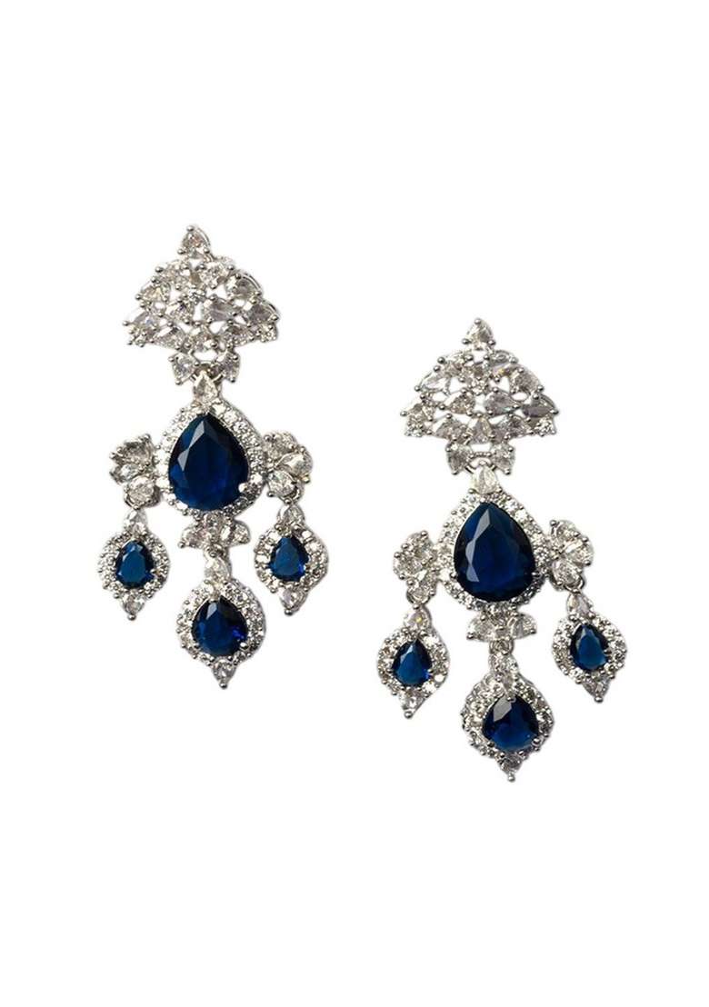 Silver Plated American Diamond Stone Studded Contemporary Shaped Drop Earrings - Indya