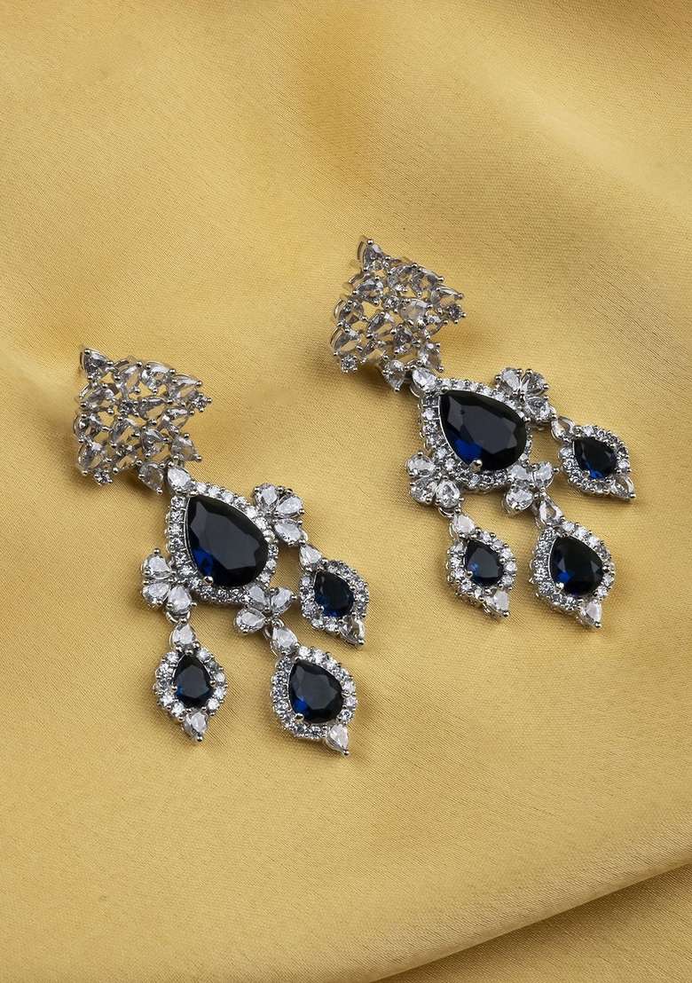 Silver Plated American Diamond Stone Studded Contemporary Shaped Drop Earrings - Indya