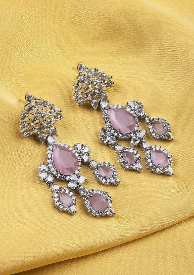 Silver Plated Cubic Zirconia Studded Contemporary Drop Earrings - Indya