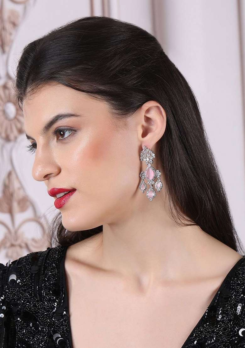 Silver Plated Cubic Zirconia Studded Contemporary Drop Earrings - Indya