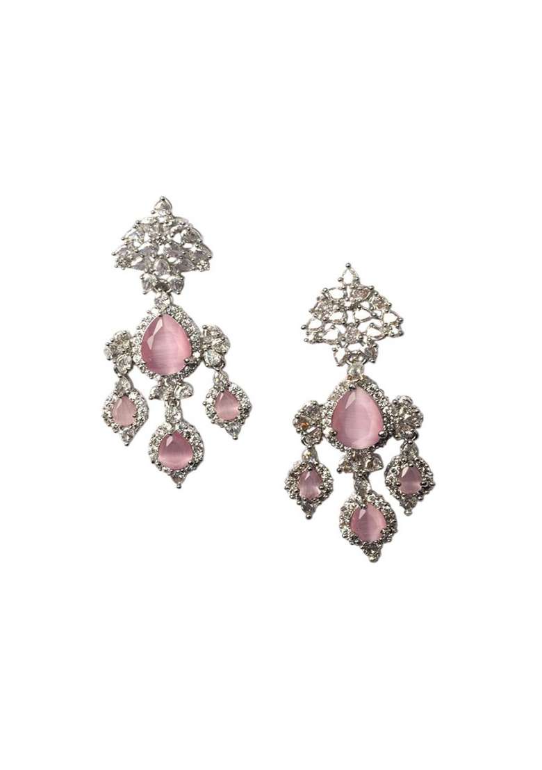 Silver Plated Cubic Zirconia Studded Contemporary Drop Earrings - Indya