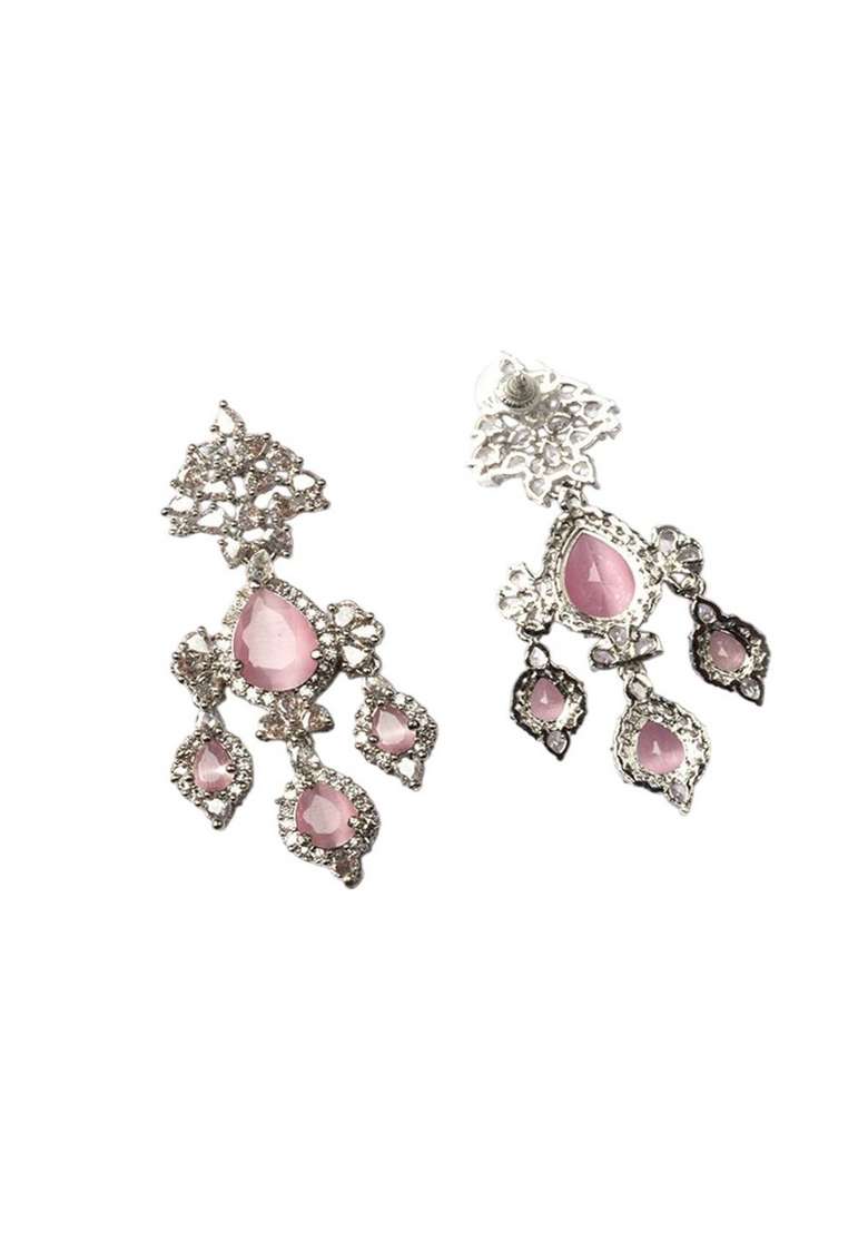 Silver Plated Cubic Zirconia Studded Contemporary Drop Earrings - Indya
