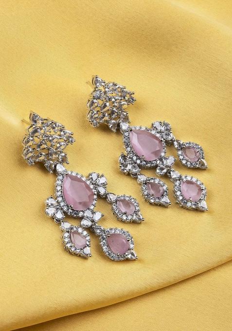 Silver Plated Cubic Zirconia Studded Contemporary Drop Earrings
