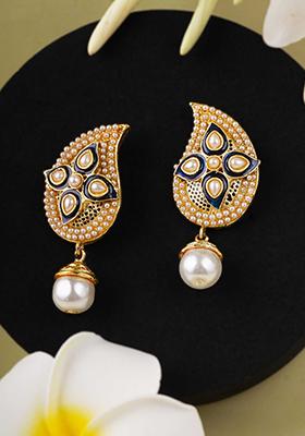 Women Gold Plated Stone Studded Pearl Drop Earrings