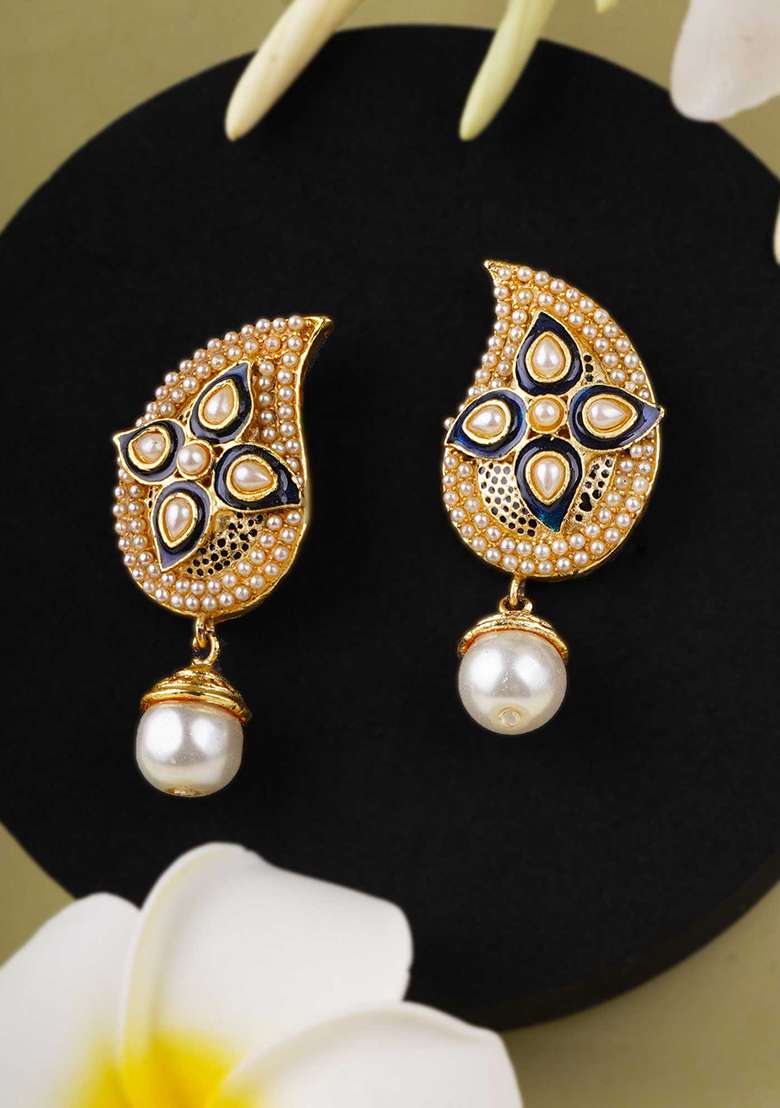 Women Gold Plated Stone Studded Pearl Drop Earrings - Indya