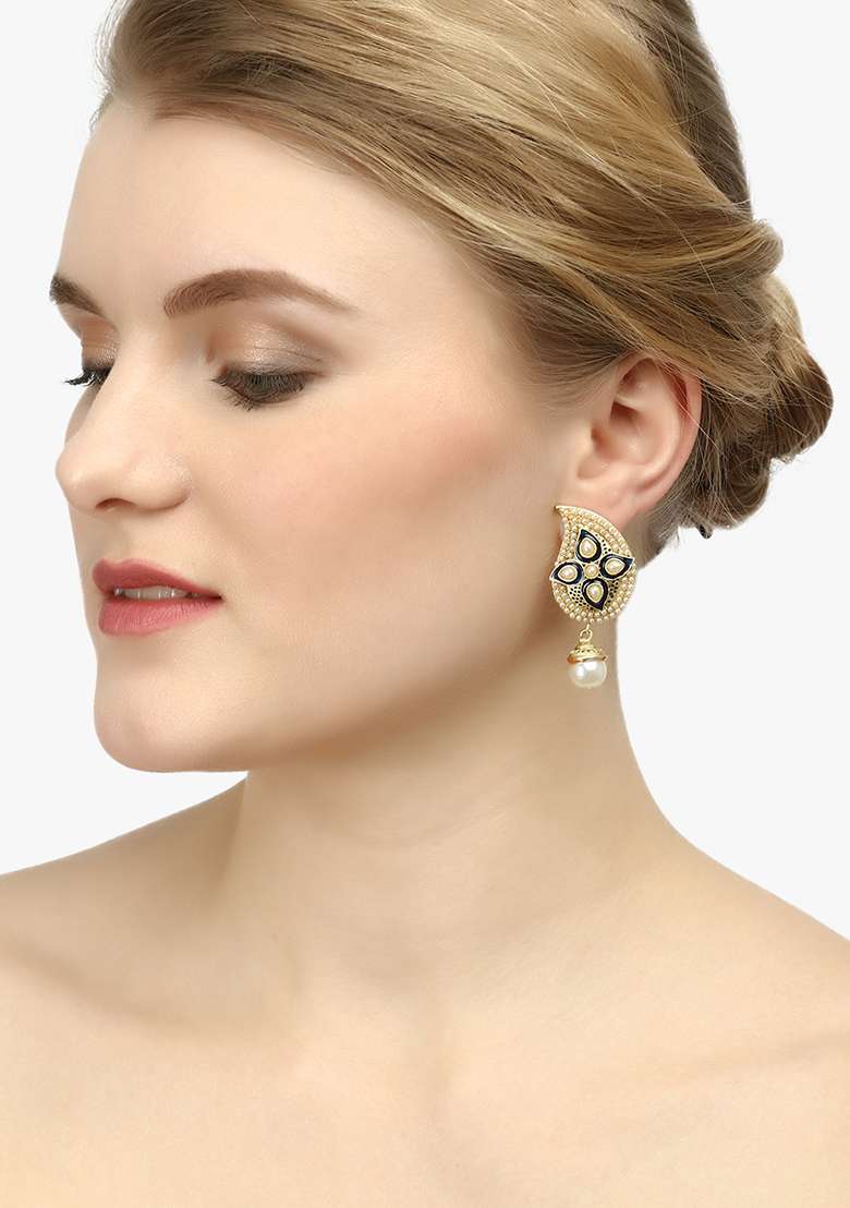 Women Gold Plated Stone Studded Pearl Drop Earrings - Indya