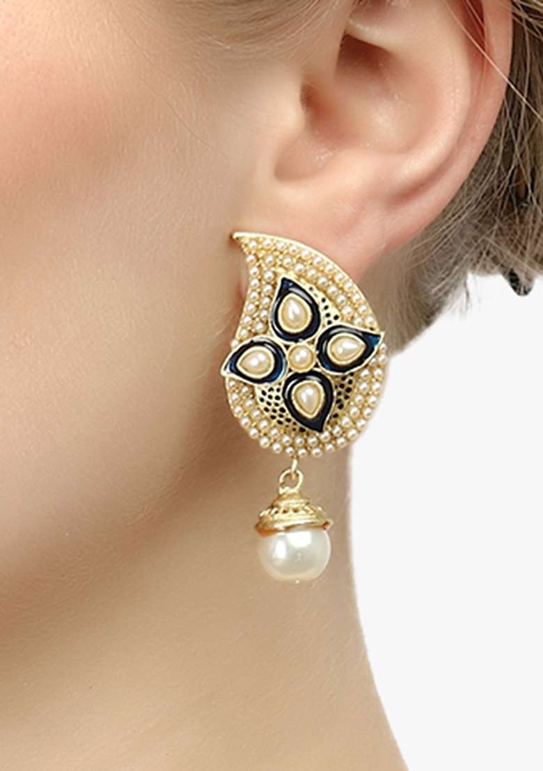 Women Gold Plated Stone Studded Pearl Drop Earrings - Indya