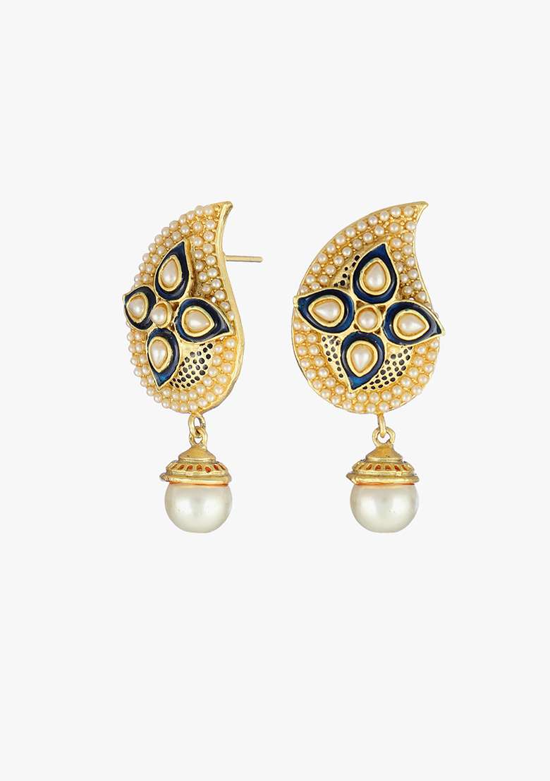 Women Gold Plated Stone Studded Pearl Drop Earrings - Indya