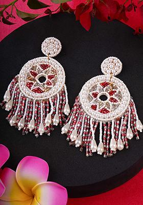 Women White And Red Stone Studded Circular Drop Earrings