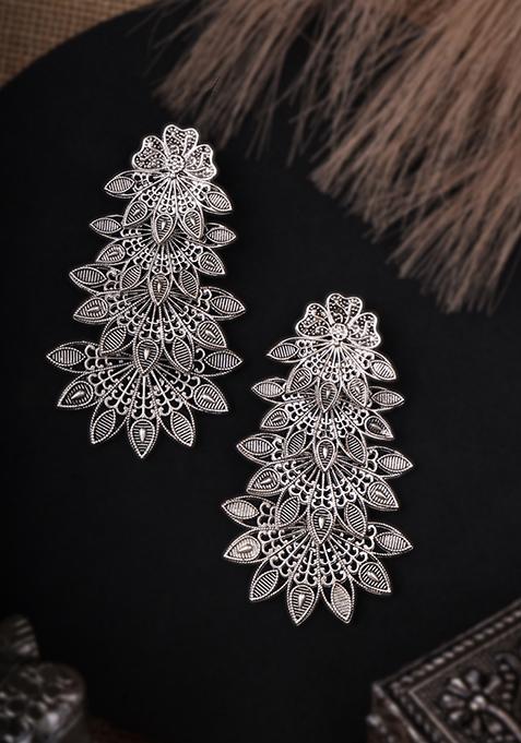 Women Traditional Indian Matte Silver Oxidised Studded Drop Leaf Earring