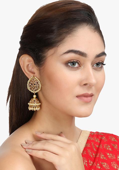 Women 24Ct Gold Plated Stone Studded Jhumki