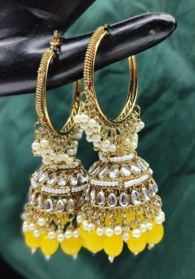 Yellow Alloy Stone And Moti Earrings