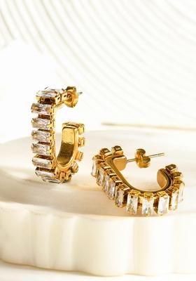 18K Gold Plated Waterproof Titanium Steel White Zircon Hoops Earrings