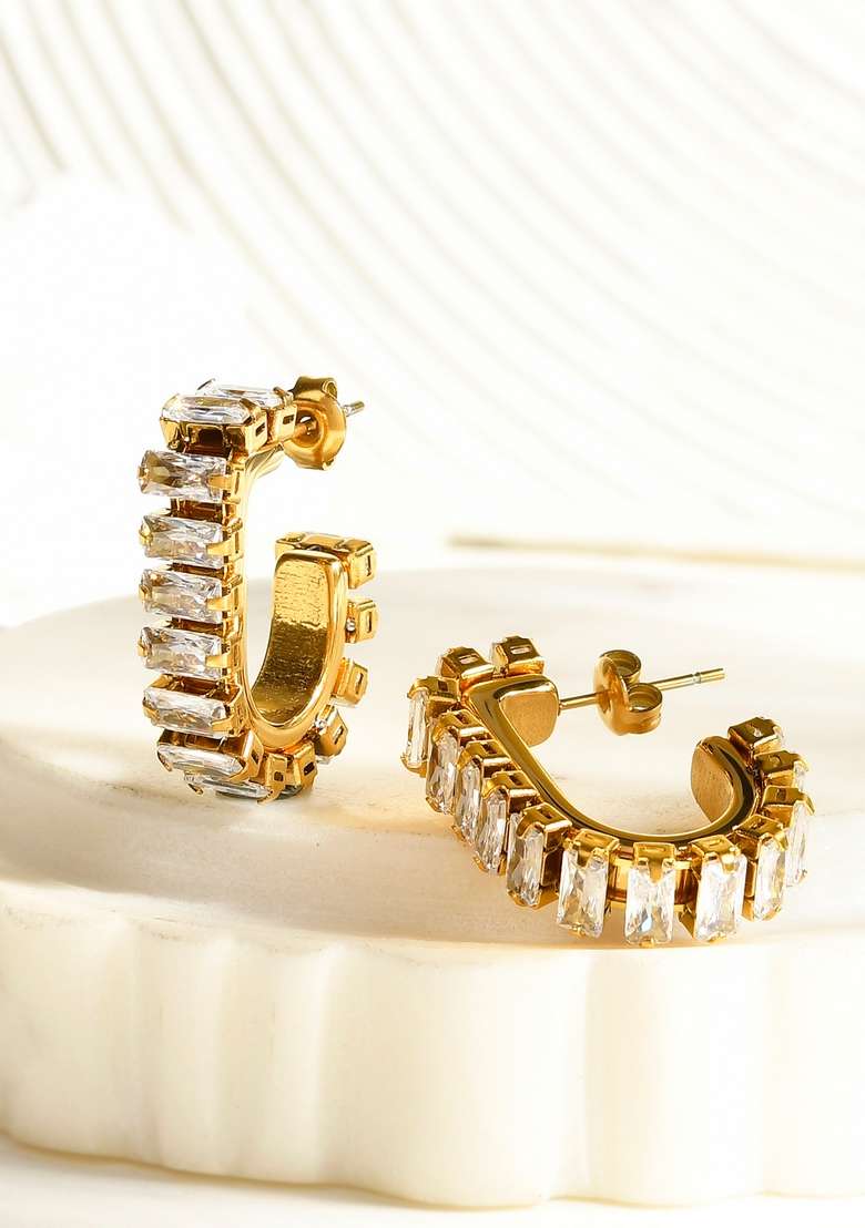 18K Gold Plated Waterproof Titanium Steel White Zircon Hoops Earrings - Indya