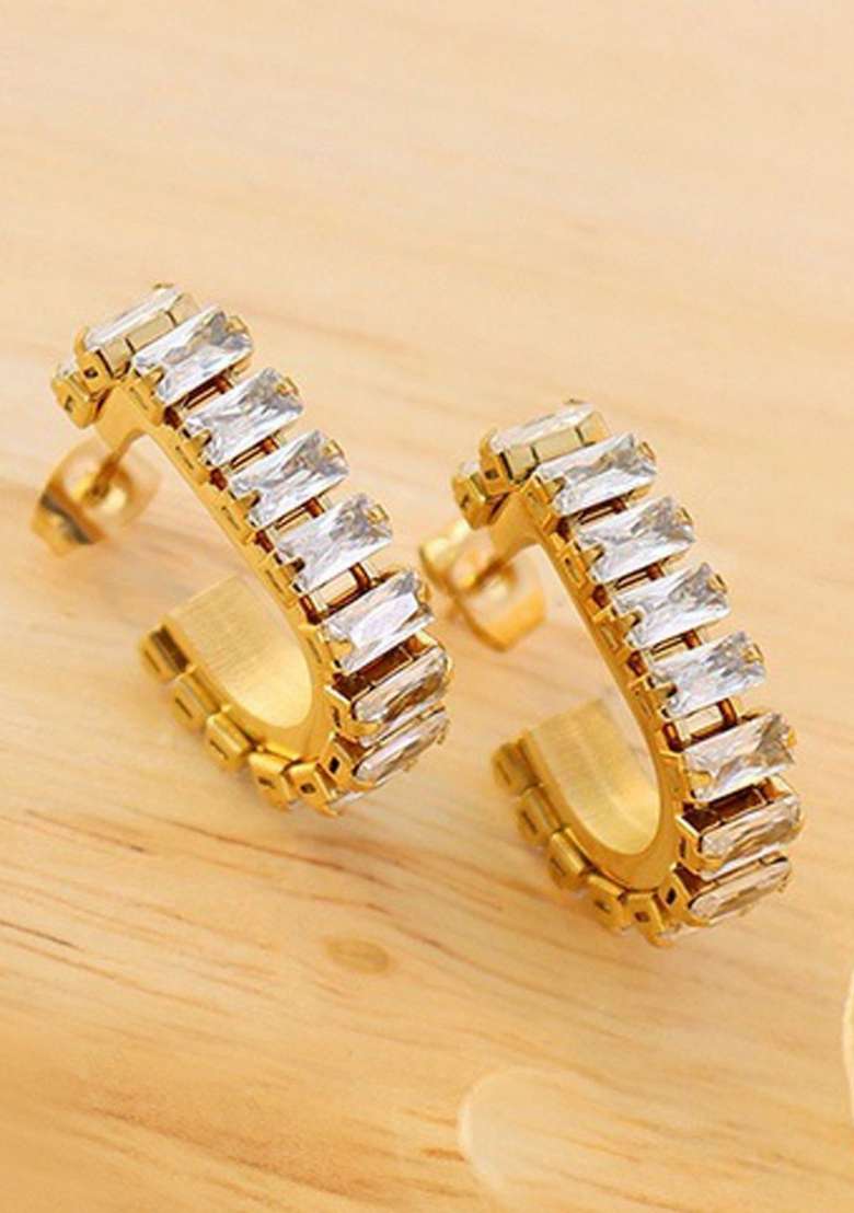 18K Gold Plated Waterproof Titanium Steel White Zircon Hoops Earrings - Indya