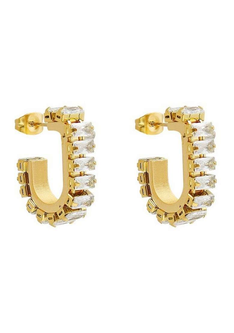18K Gold Plated Waterproof Titanium Steel White Zircon Hoops Earrings - Indya