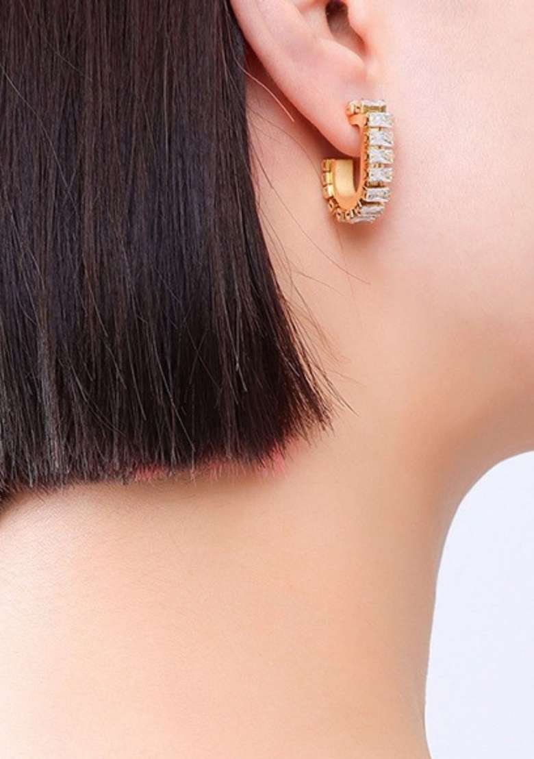 18K Gold Plated Waterproof Titanium Steel White Zircon Hoops Earrings - Indya