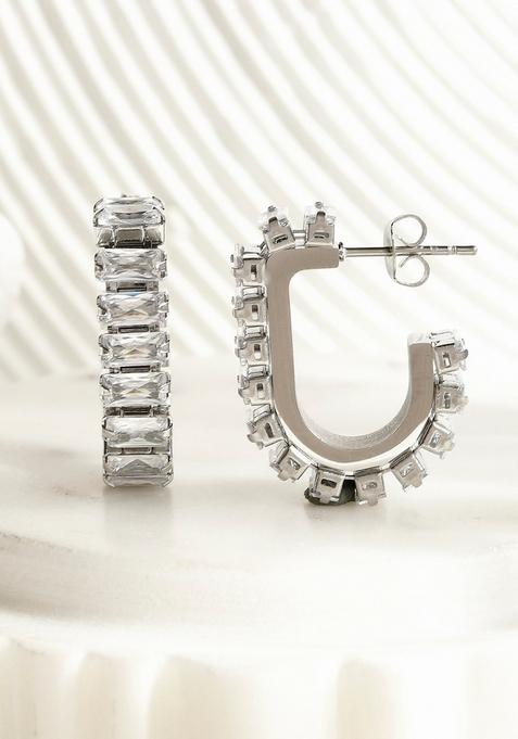 Silver Rhodium Plated Waterproof Antitarnish Titanium Steel White Zircon Hoops Earrings