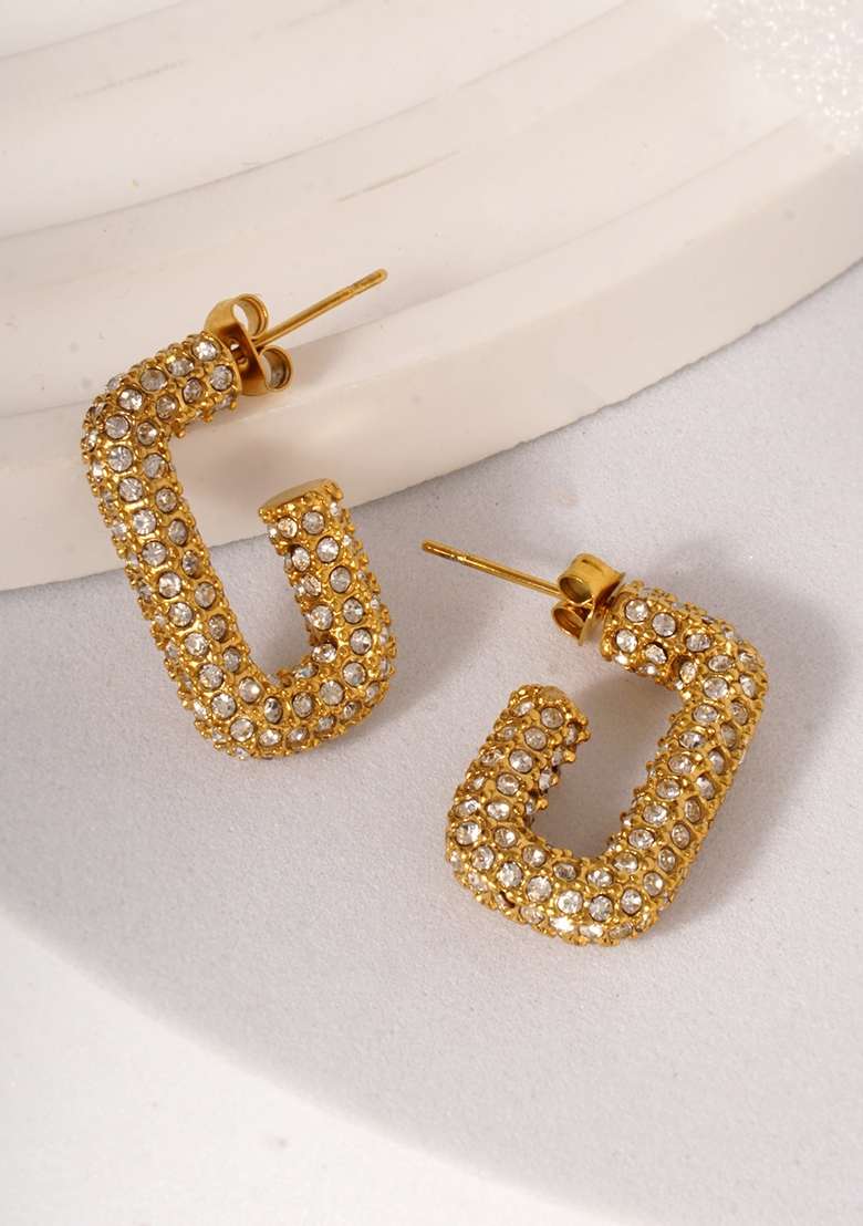 18K Gold Plated Waterproof Antitarnish Titanium Steel White Zircon Square Hoops Earrings - Indya