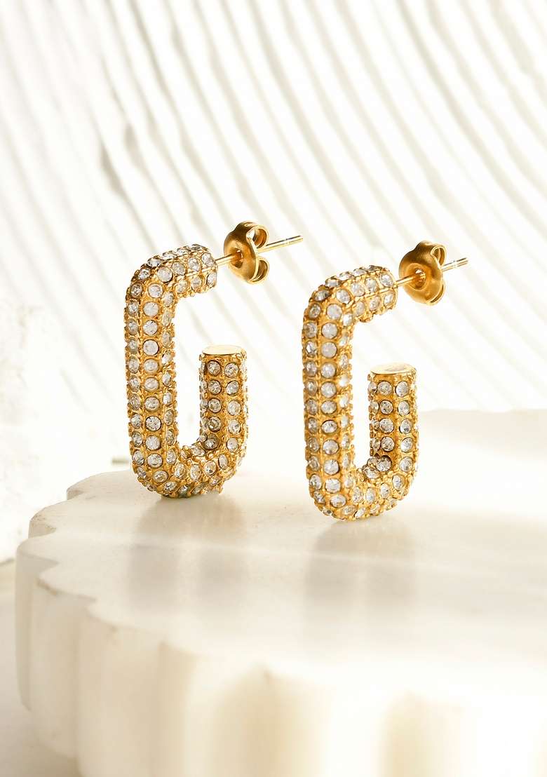18K Gold Plated Waterproof Antitarnish Titanium Steel White Zircon Square Hoops Earrings - Indya