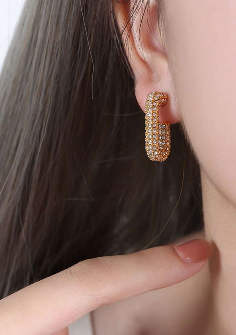 18K Gold Plated Waterproof Antitarnish Titanium Steel White Zircon Square Hoops Earrings - Indya