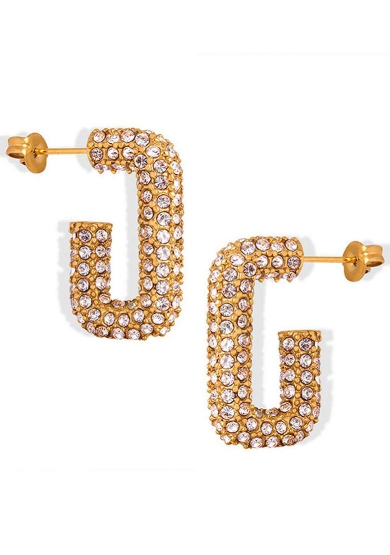 18K Gold Plated Waterproof Antitarnish Titanium Steel White Zircon Square Hoops Earrings - Indya