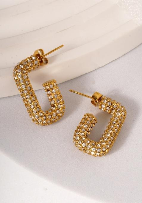 18K Gold Plated Waterproof Antitarnish Titanium Steel White Zircon Square Hoops Earrings