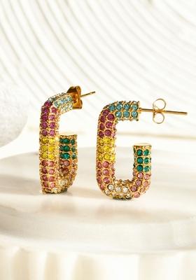 18K Gold Plated Waterproof Antitarnish Titanium Steel Multicolor Zircon Square Hoops Earrings