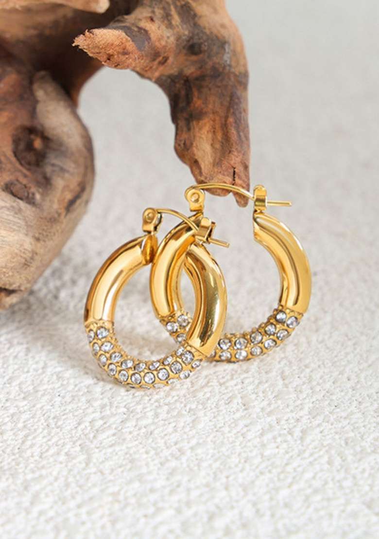18K Gold Plated Waterproof Antitarnish Titanium Steel Rhinestone Hoop Earrings - Indya