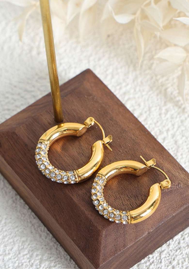 18K Gold Plated Waterproof Antitarnish Titanium Steel Rhinestone Hoop Earrings - Indya