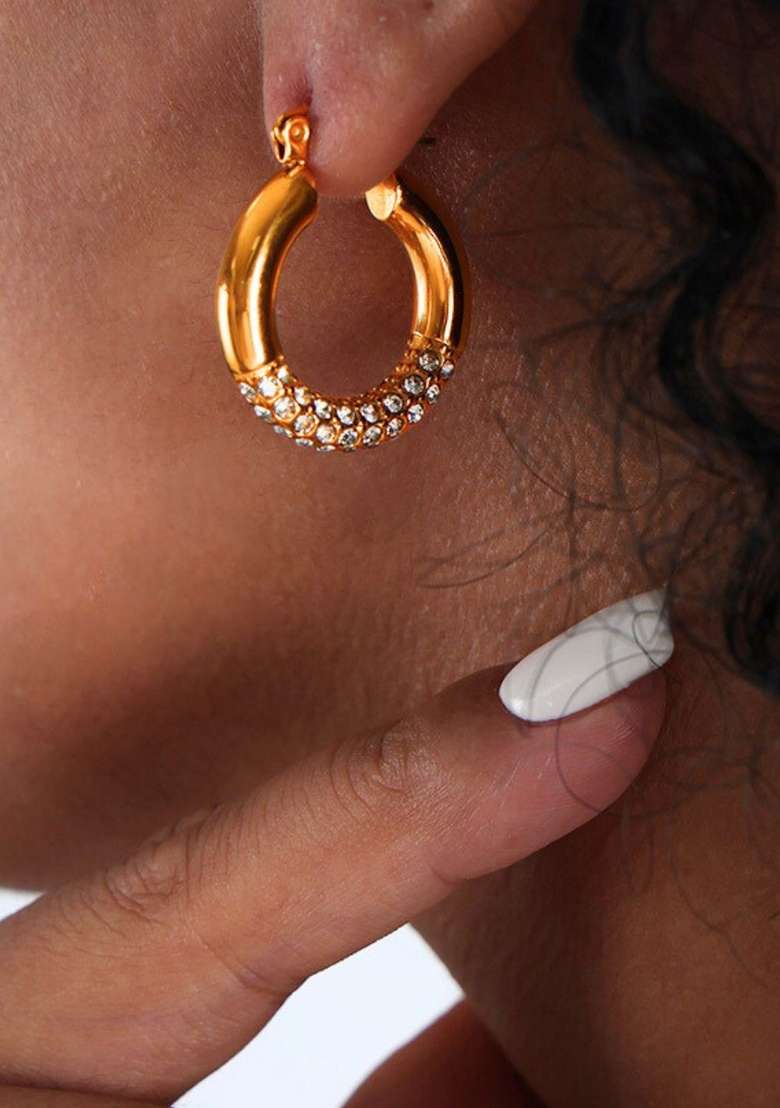 18K Gold Plated Waterproof Antitarnish Titanium Steel Rhinestone Hoop Earrings - Indya