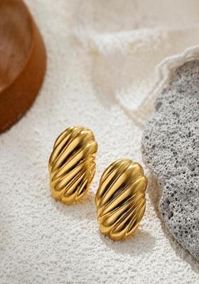 18K Gold Plated Waterproof Anti Tarnish Chunky Ribbed Oval Stud Earrings