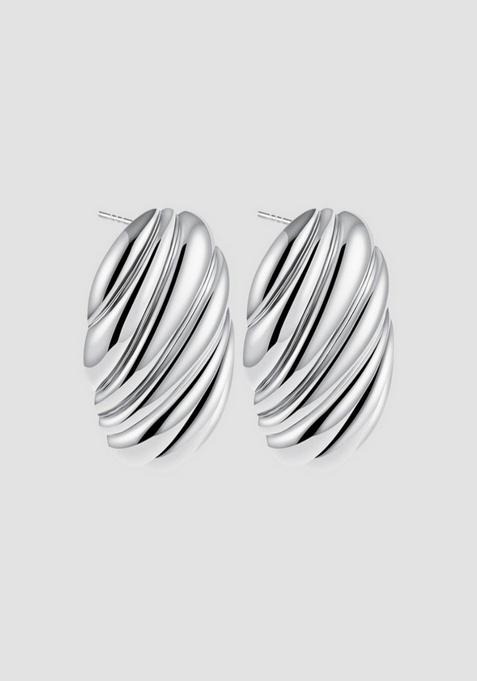 18K Silver Plated Waterproof Anti Tarnish Chunky Ribbed Oval Stud Earrings
