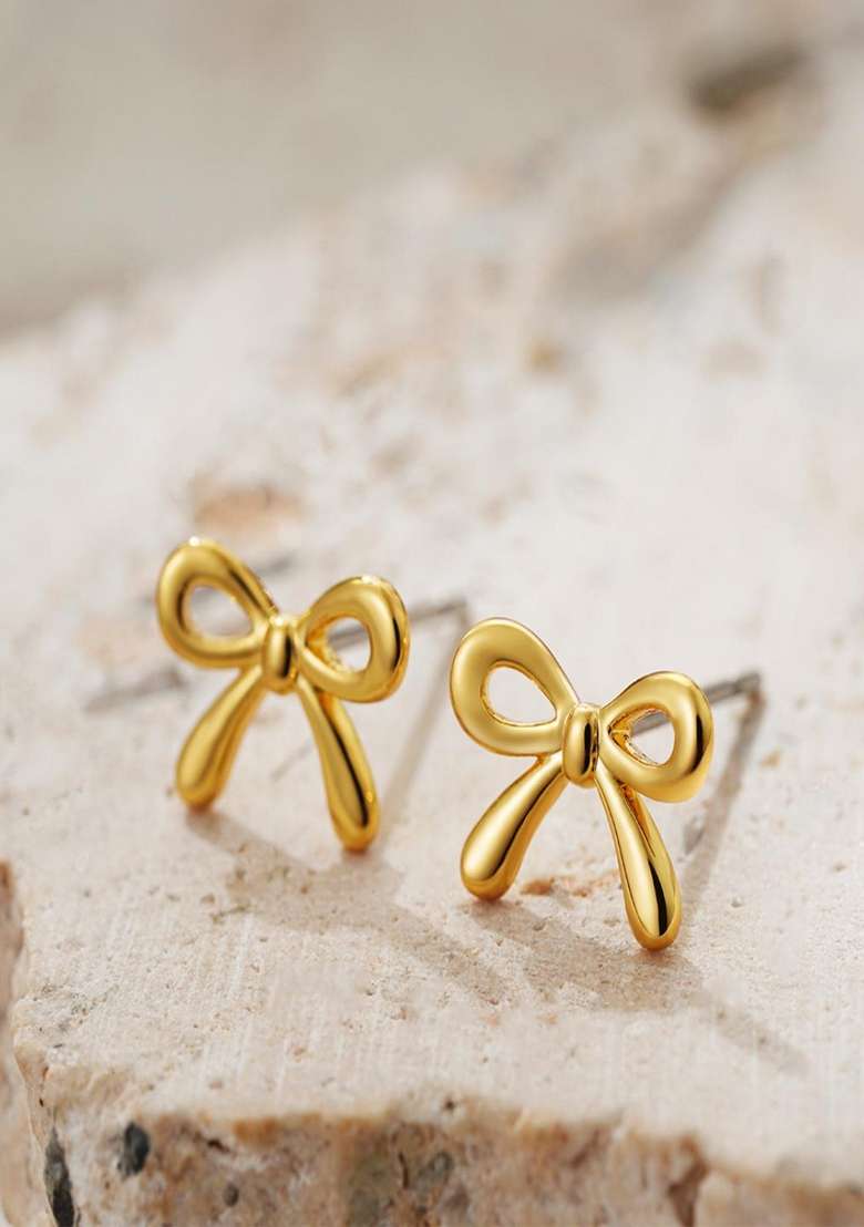 18K Gold Plated Waterproof Anti Tarnish Minimal Dianty Bow Stud Earrings - Indya