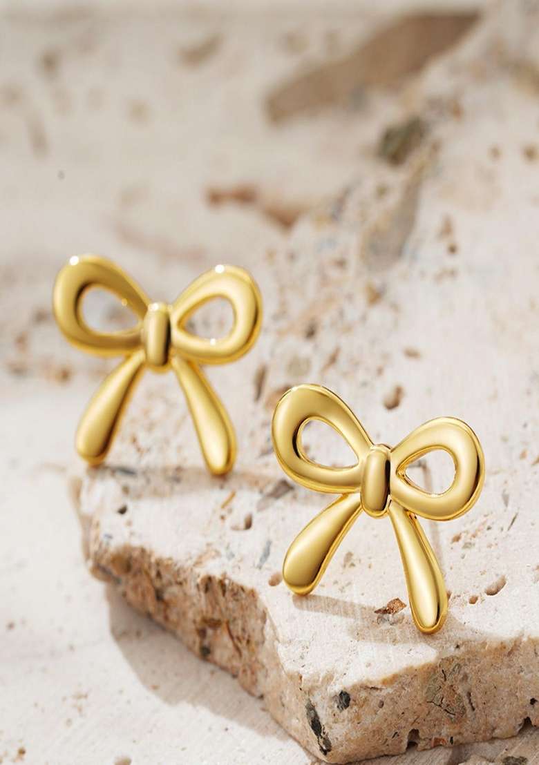 18K Gold Plated Waterproof Anti Tarnish Minimal Dianty Bow Stud Earrings - Indya