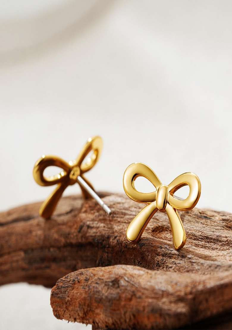 18K Gold Plated Waterproof Anti Tarnish Minimal Dianty Bow Stud Earrings - Indya