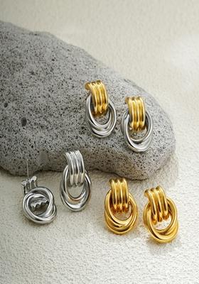 18K Plated Two Tone Waterproof Anti Tarnish Triple Layered Hoop Stud Earrings