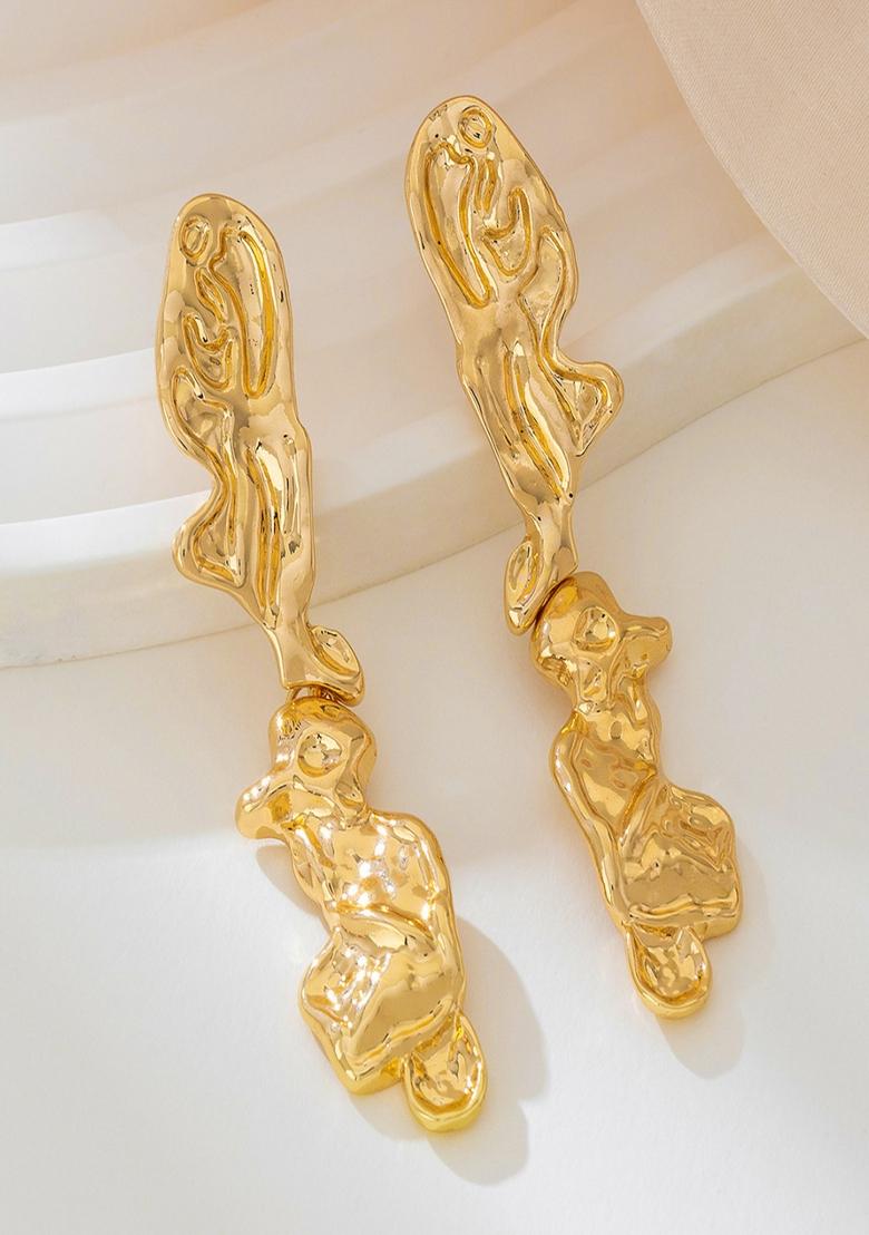 Gold Plated Anti Tranish Chunky Hammered Textured Statement Drop Earrings - Indya