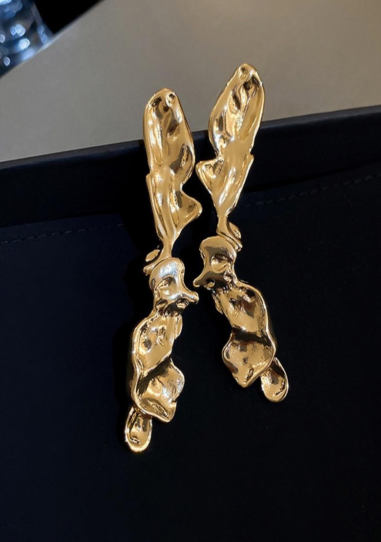 Gold Plated Anti Tranish Chunky Hammered Textured Statement Drop Earrings - Indya
