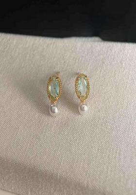 14K Gold Plated Anti Tarnish Blue Stone And Pearl Drop Stud Earrings