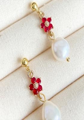 Gold Plated Dainty Floral Red Zircon And White Pearl Drop Hanging Earrings