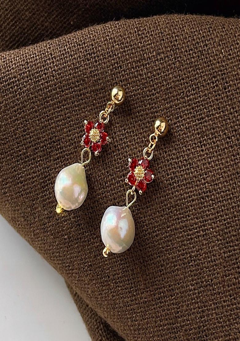 Gold Plated Dainty Floral Red Zircon And White Pearl Drop Hanging Earrings - Indya